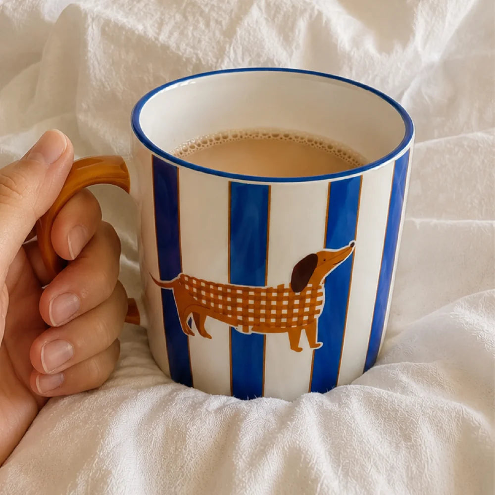 Mug porcelana perro rayas azul