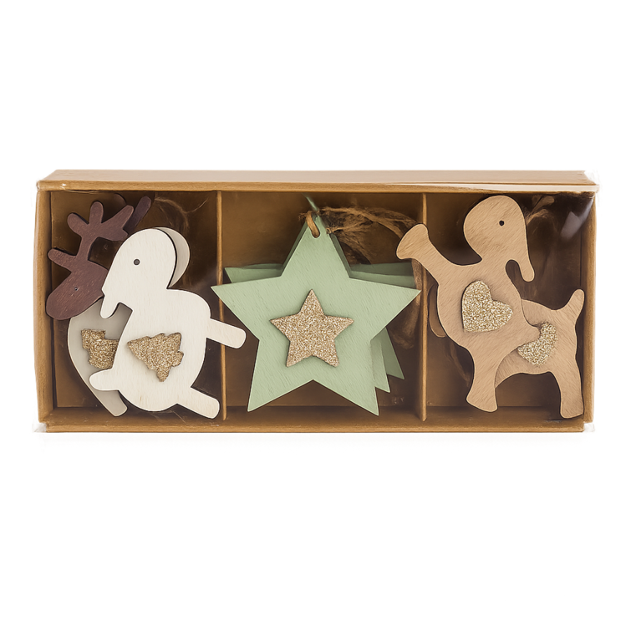 Set 1 de 12 colgantes navideños de madera en caja