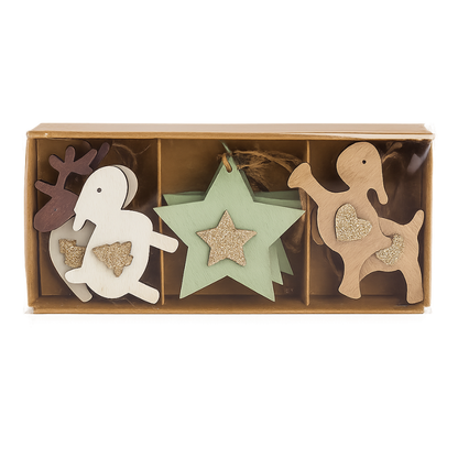 Set 1 de 12 colgantes navideños de madera en caja