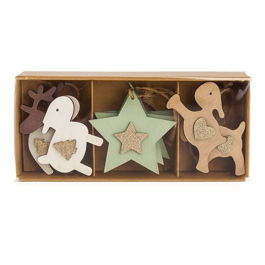 Set 1 de 12 colgantes navideños de madera en caja