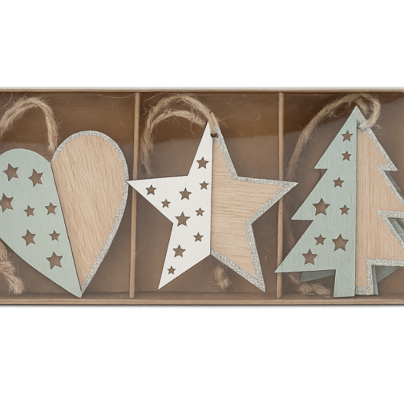 Set 2 de 12 colgantes navideños de madera en caja