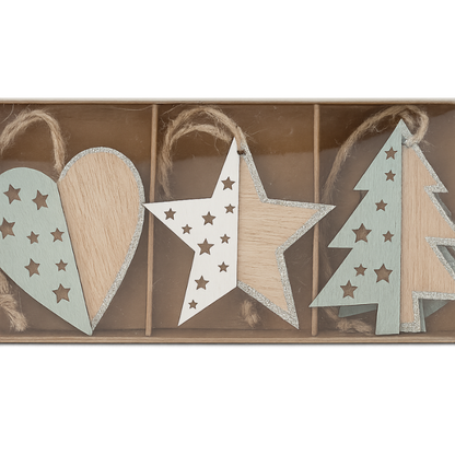 Set 2 de 12 colgantes navideños de madera en caja