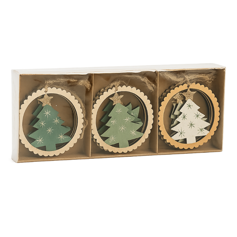 Set 4 de 12 colgantes navideños de madera en caja