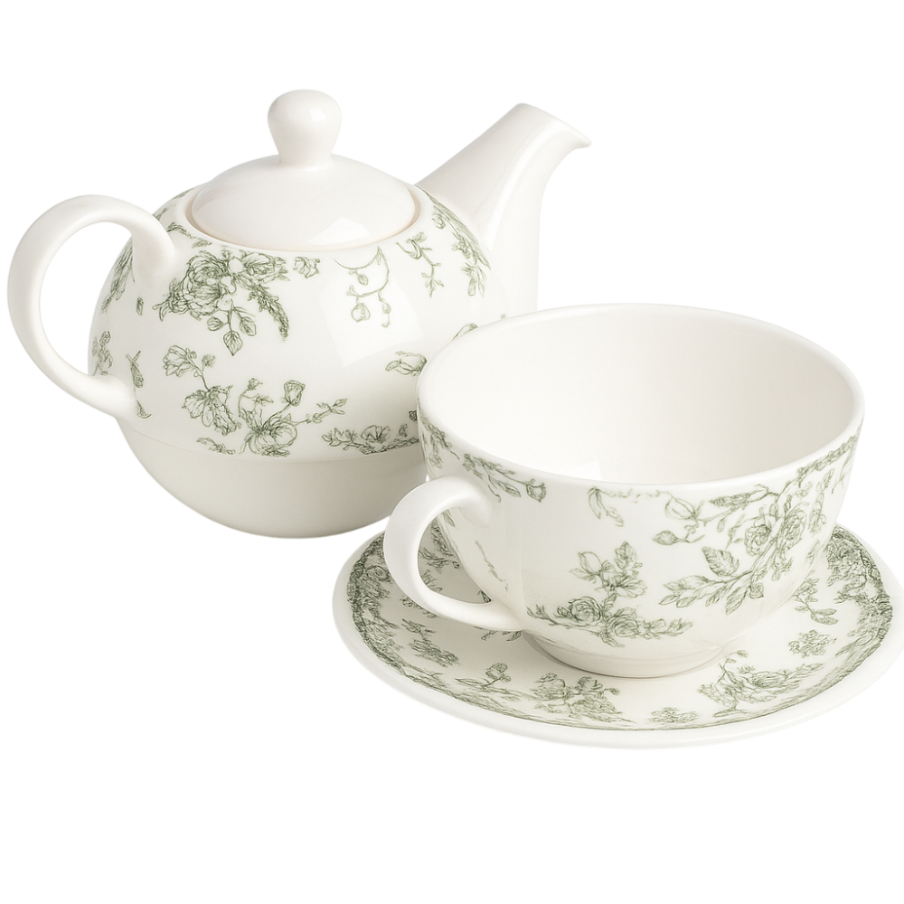 Tetera con taza y plato